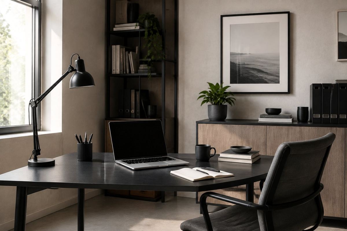 A desk with a laptop, notebook and lamp